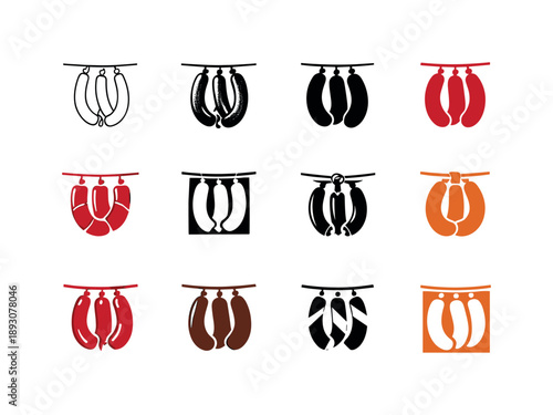 Sausage Icon Variations. Sausage. Icon set. Set Logo of Sausage: hanging sausages loop. harmonious logo variations of the same emblematic concept, each with