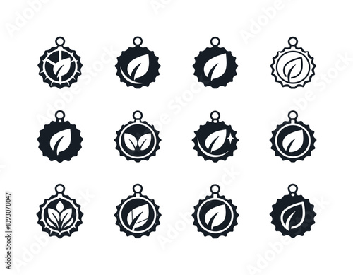 Sustainable Fashion Icons. Sustainable and upcycled fashion accessories. Icon set. Set Logo of sustainable and upcycled fashion accessories: bottle-cap jewelry