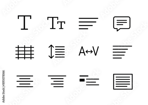 Typographic Icons Grid. Typographic hierarchy. Line icon set of typographic hierarchy: headline size, subheadline size, body text, caption text, baseline grid,