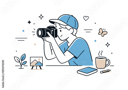 Creative Photography Passion. Photography hobby illustration. A person taking photos with a camera in a calm setting, focusing carefully on the subject,
