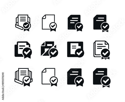 Visa Icon Variations. Visa requirements. Icon set. Set Logo of visa requirements: document with approval seal. harmonious logo variations of the same