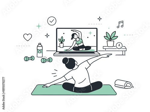 Virtual Workout Vibes. Virtual workout class concept. Minimal digital scene with a laptop showing a fitness instructor, person following along at home, light