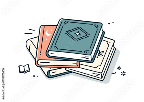 Vintage Book Covers. Old books cover scene. A small stack of closed books with vintage covers slightly overlapping, soft wear marks and subtle design hints.