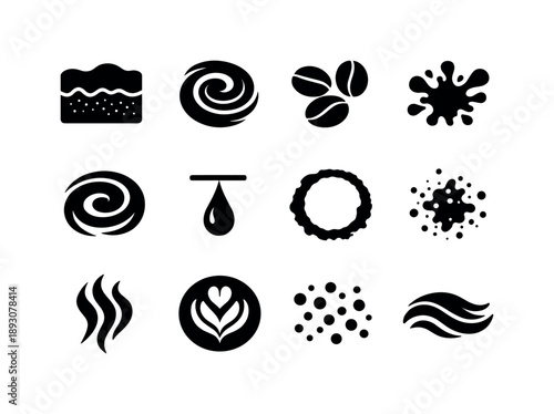 Coffee Icon Textures. Coffee textures. Solid icon set of coffee textures: foam layer, crema swirl, bean pattern, splash droplet, swirl ring, drip line, mug