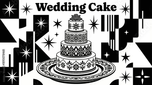 multi tier wedding cake detailed monochrome vector illustration, suitable for event branding, invitations, and elegant dessert visuals