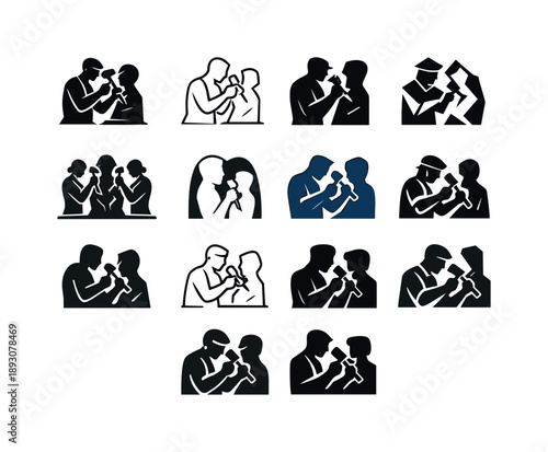 Sculptors Logo Variations. Sculptors shaping their creations. Icon set. Set Logo of Sculptors shaping their creations: sculptor?s hammer & chisel tools.