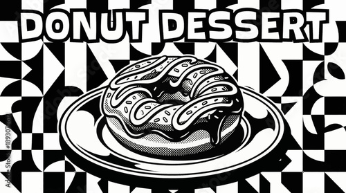 donut with icing detail monochrome vector illustration, ideal for bakery branding and fast food menu graphics