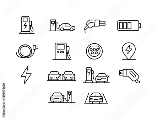 Public Charging Icons. Public Charging. Line icon set of Public Charging: street charging station, EV parked, charging plug inserted, energy indicator, power