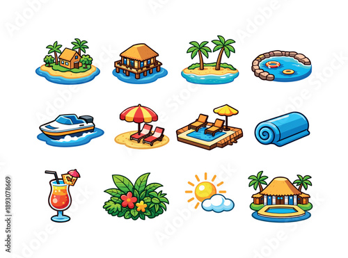 Island Resort Icons. Island resort. Colorful isometric vector icons set of island resort: resort island, overwater bungalow, palm-lined beach, swimming lagoon,