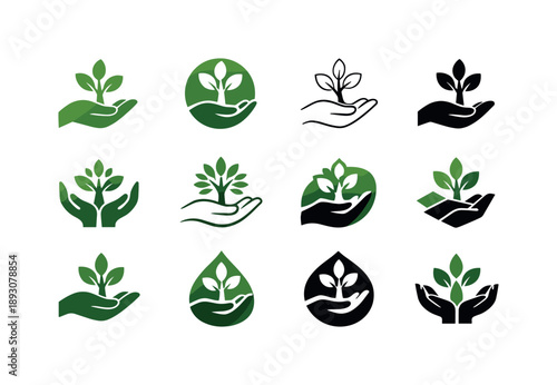 Environmental Activism Logos. Environmental activism. Icon set. Set Logo of Environmental activism: tree growing from hand. harmonious logo variations of the