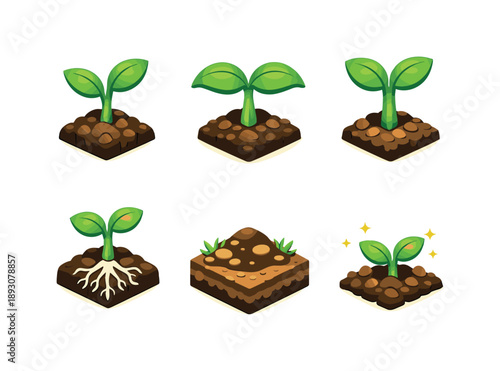 Young Sprout Icons. Young sprout. Isometric flat vector icons set of young sprout: healthy green sprout, small leaf canopy, strengthened stem, balanced root
