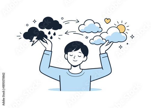 Transforming Thought Clouds. Transforming negative thought patterns. A calm scene of a person gently rearranging dark thought clouds into lighter shapes above