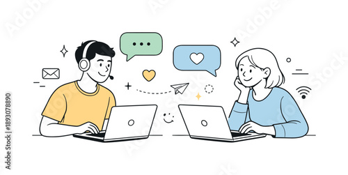 Digital Friendship Connection. Virtual friendship illustration. Two friends smiling and chatting through laptops, calm digital connection across distance.