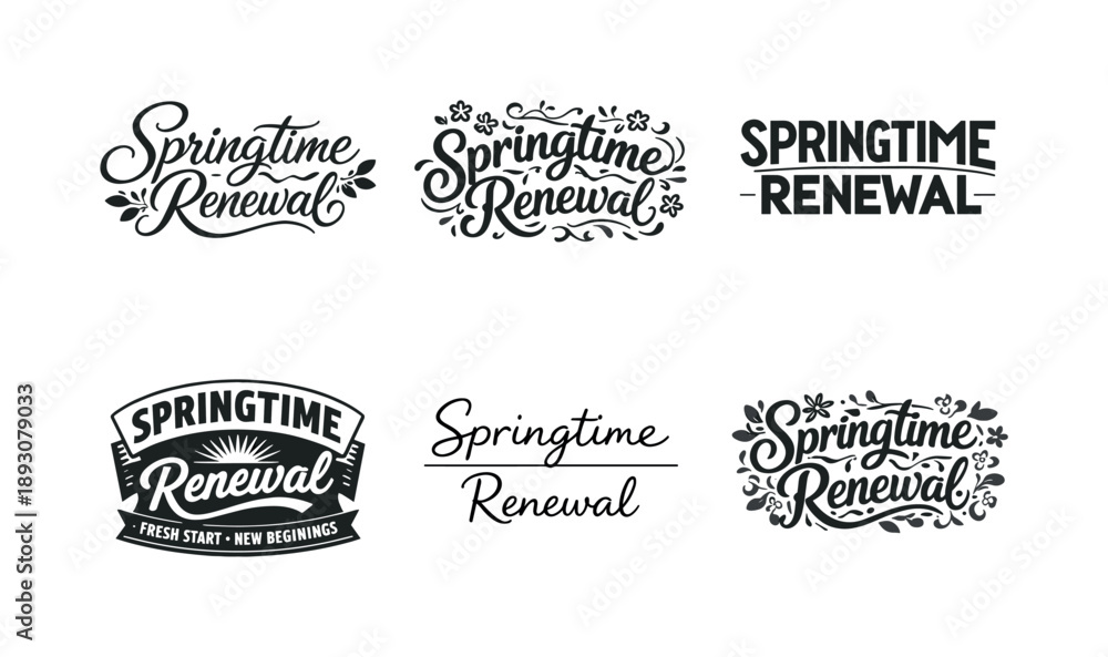 Obraz premium Spring Lettering Variations. Springtime renewal. Set lettering. harmonious lettering variations of the same emblematic concept, each with different artistic
