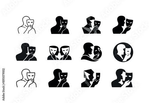 Theater Mask Icons. A live theater performance with actors wearing masks. Icon set. Set Logo of A live theater performance with actors wearing masks: actor
