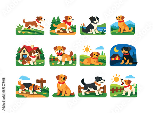 Colorful Countryside Dogs. Countryside Dogs. Colorful flat vector icons set of Countryside Dogs: meadow runner dog, forest trail dog, riverbank dog, hilltop