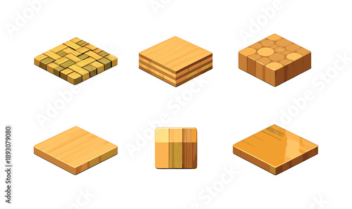 Bamboo Texture Icons Grid. Bamboo Texture. Isometric flat vector icons set of Bamboo Texture: bamboo strip pattern, laminated bamboo layers, end-grain texture
