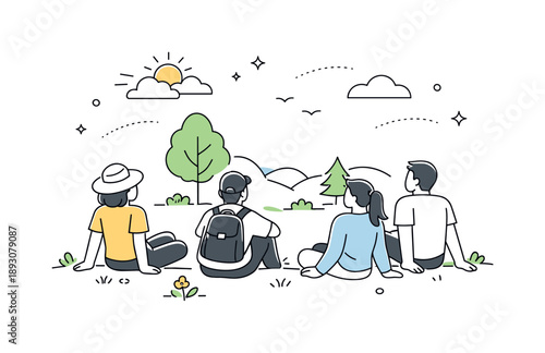 Outdoor Serenity. People enjoying nature. A small group relaxing outdoors, sitting on grass and observing trees and sky. Calm atmosphere, slow moments, and
