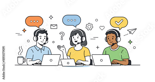 Friendly Support Team. Customer support team. Friendly support agents working with headsets and laptops, calmly responding to messages and requests. Helpful