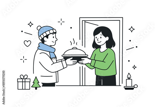 Holiday Doorstep Delight. Neighbors sharing holiday food doorstep moment. One person handing a covered dish to a neighbor at the doorway. Simple kindness and