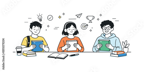 Library Study Success. Students in library success. Students closing books and smiling after productive study time. Sense of progress and