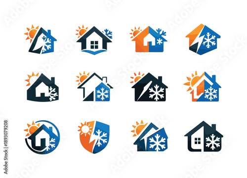 Home Insulation Icons. Home insulation and weatherproofing. Icon set. Set Logo of home insulation and weatherproofing: energy-efficient house with snow and