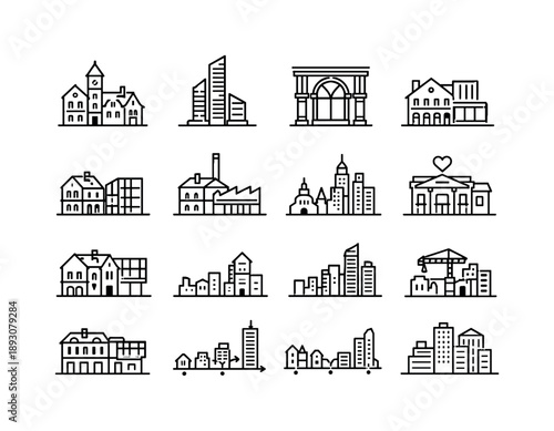 Historic and Modern Icons. Historic and Modern Architecture. Line icon set of Historic and Modern Architecture: old town building, modern office tower,