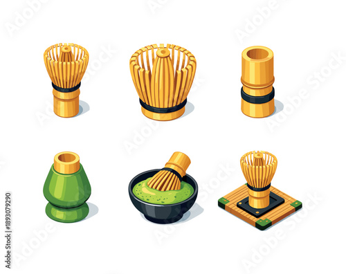 Matcha Whisk Icons. Matcha Whisk. Isometric flat vector icons set of Matcha Whisk: bamboo matcha whisk chasen, whisk tines close-up, whisk handle detail, whisk