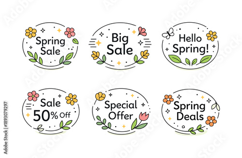 Spring Sale Badges. Spring holiday sale badges. Clean editorial set of rounded sale badges with short text labels like ?Spring Sale?, fresh and cheerful mood.