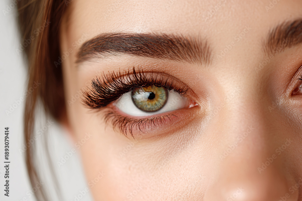 Fototapeta premium Close-up of a young woman's eye showcasing beautiful green iris and long eyelashes.