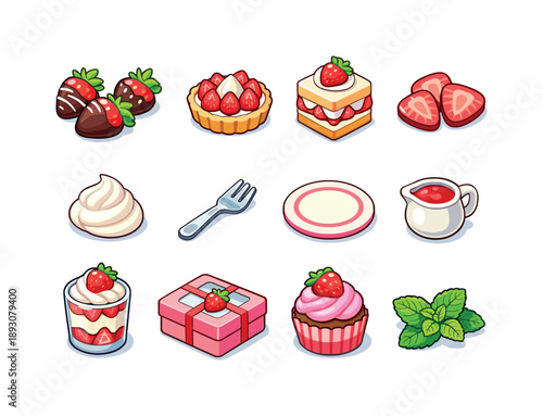Strawberry Dessert Icons. Strawberry Desserts. Colorful isometric vector icons set of Strawberry Desserts: chocolate strawberries, strawberry tart, strawberry