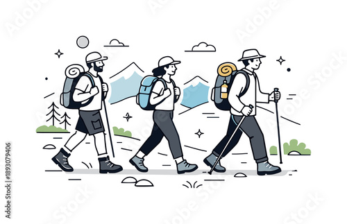 Mountain Adventure Journey. Hiking trip. People walking together along a mountain trail with backpacks. Sense of adventure, calm movement and connection with