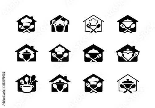 Home Cooking Icons. Cooking at home. Icon set. Set Logo of Cooking at home: food preparation. harmonious logo variations of the same emblematic concept, each