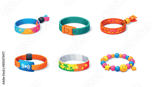Festival Wristband Icons. Festival Wristbands. Isometric flat vector icons set of Festival Wristbands: fabric event wristband, silicone band with clasp, woven