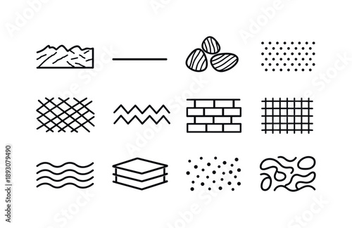 Surface Texture Icons. Surface texture illustration. Line icon set of Surface texture illustration: rough surface, smooth surface, grain pattern, dotted