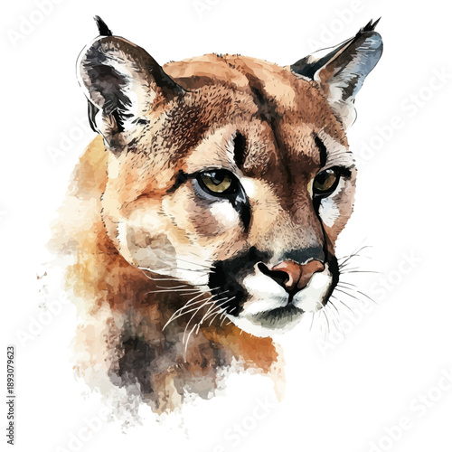 watercolor of Cougar painting, isolated on a white background.