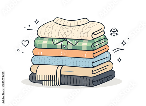 Cozy Winter Essentials. Folded winter clothes. Neatly stacked sweaters, scarves, and warm shirts arranged in an orderly pile, showing calm organization and