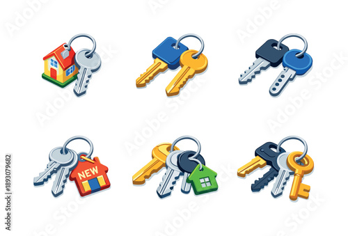 Isometric Real Estate Keys. Real estate keys. Isometric flat vector icons set of Real estate keys: house keys with keyring, apartment door keys, modern