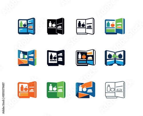Office Breakroom Icons. Office breakroom. Icon set. Set Logo of office breakroom: open fridge with snacks. harmonious logo variations of the same emblematic