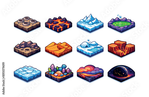 Colorful Space Landscapes. Space landscapes. Colorful isometric vector icons set of space landscapes: crater field, lava plains, icy ridges, methane lake,