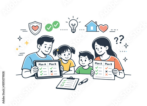 Family Insurance Comparison. Discussing insurance plans for the family comparison. An organized scene showing a family comparing two insurance plans on a