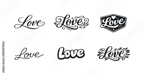 Harmonious Lettering Variations. Soft calligraphy love. Set lettering. harmonious lettering variations of the same emblematic concept, each with different