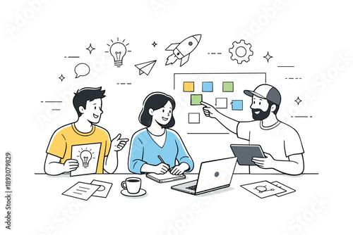 Startup Brainstorming Session. Startup teamwork. Founders brainstorming ideas with sticky notes and sketches, relaxed collaboration and creative focus.