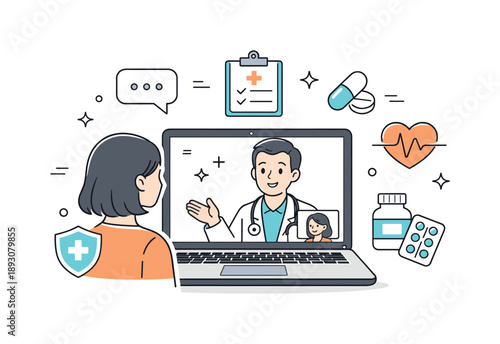Virtual Health Consultation. Online doctor consultation. A doctor speaking with a patient through a video call on a laptop or smartphone. Modern telemedicine