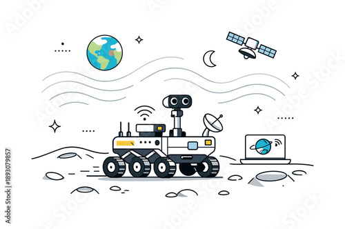 Moon Rover Exploration. Robotic space exploration. A rover with cameras and sensors navigates a cratered moon surface, transmitting data back to Earth. Smooth