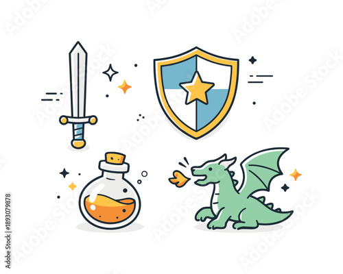 Fantasy Icon Set. Classic fantasy game elements. Sword, shield, potion, and dragon icons arranged in a balanced composition. Iconic symbols of adventure,