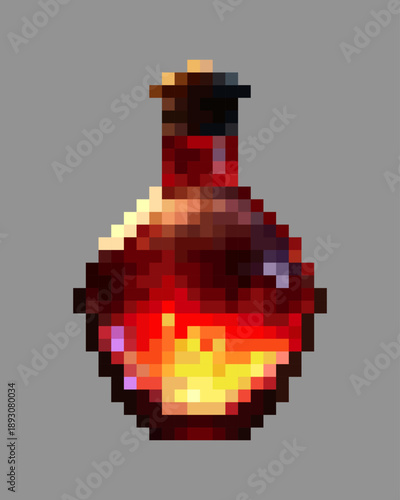 Glowing potion in pixel style. Radiant energy. Round narrow glass bottle filled with deep crimson red, burgundy, violet and yellow luminous liquid. Vector icon for medieval-style RPG games.Alchemistry