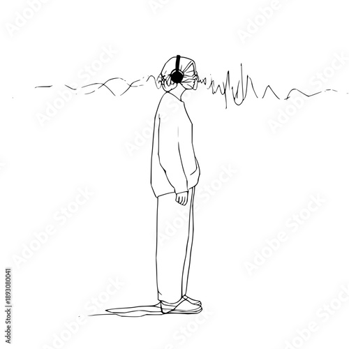 Minimalist line art of a person wearing headphones with sound waves emanating from the head area
