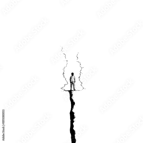 A lone figure stands at the edge of a deep chasm in a stark black and white minimalist illustration