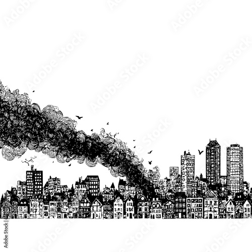 Sketch of a cityscape with houses and tall buildings and a large cloud of smoke and birds in the sky